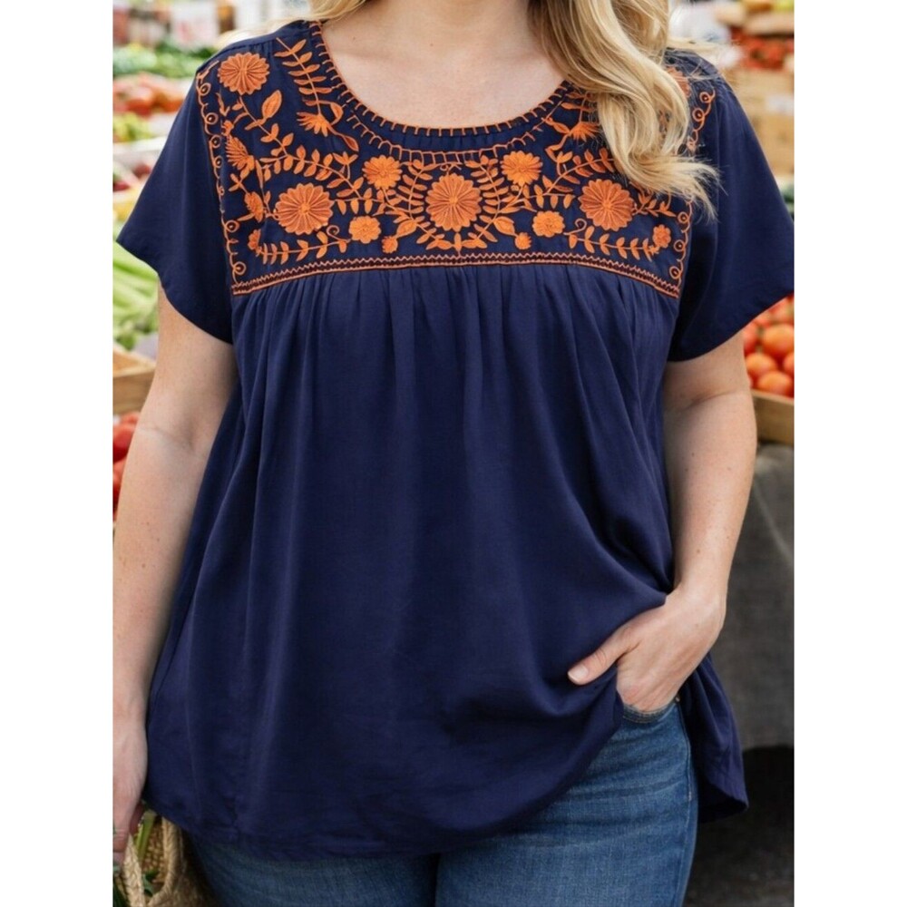 Layerz Clothing Embroidered Boho Blouse – Navy & Rust Floral (Size XL) NWOT